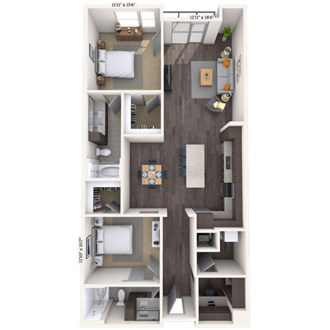 Floor plan for 2 beds, 2 baths, 1308 sqft